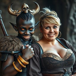 In a striking medieval scene, a young 20-year-old short, malnourished African woman stands out with her deeply black skin and demonic yellow-red eyes, exuding a fierce expression