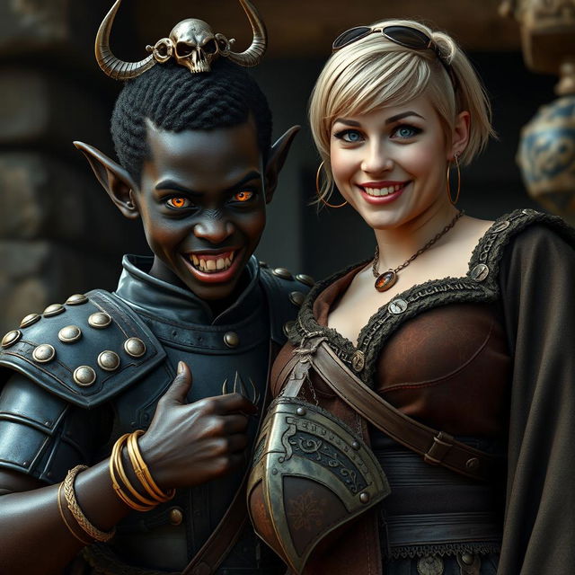 In a striking medieval scene, a young 20-year-old short, malnourished African woman stands out with her deeply black skin and demonic yellow-red eyes, exuding a fierce expression