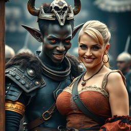 In a striking medieval scene, a young 20-year-old short, malnourished African woman stands out with her deeply black skin and demonic yellow-red eyes, exuding a fierce expression