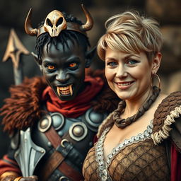 In a striking medieval scene, a young 20-year-old short, malnourished African woman stands out with her deeply black skin and demonic yellow-red eyes, exuding a fierce expression