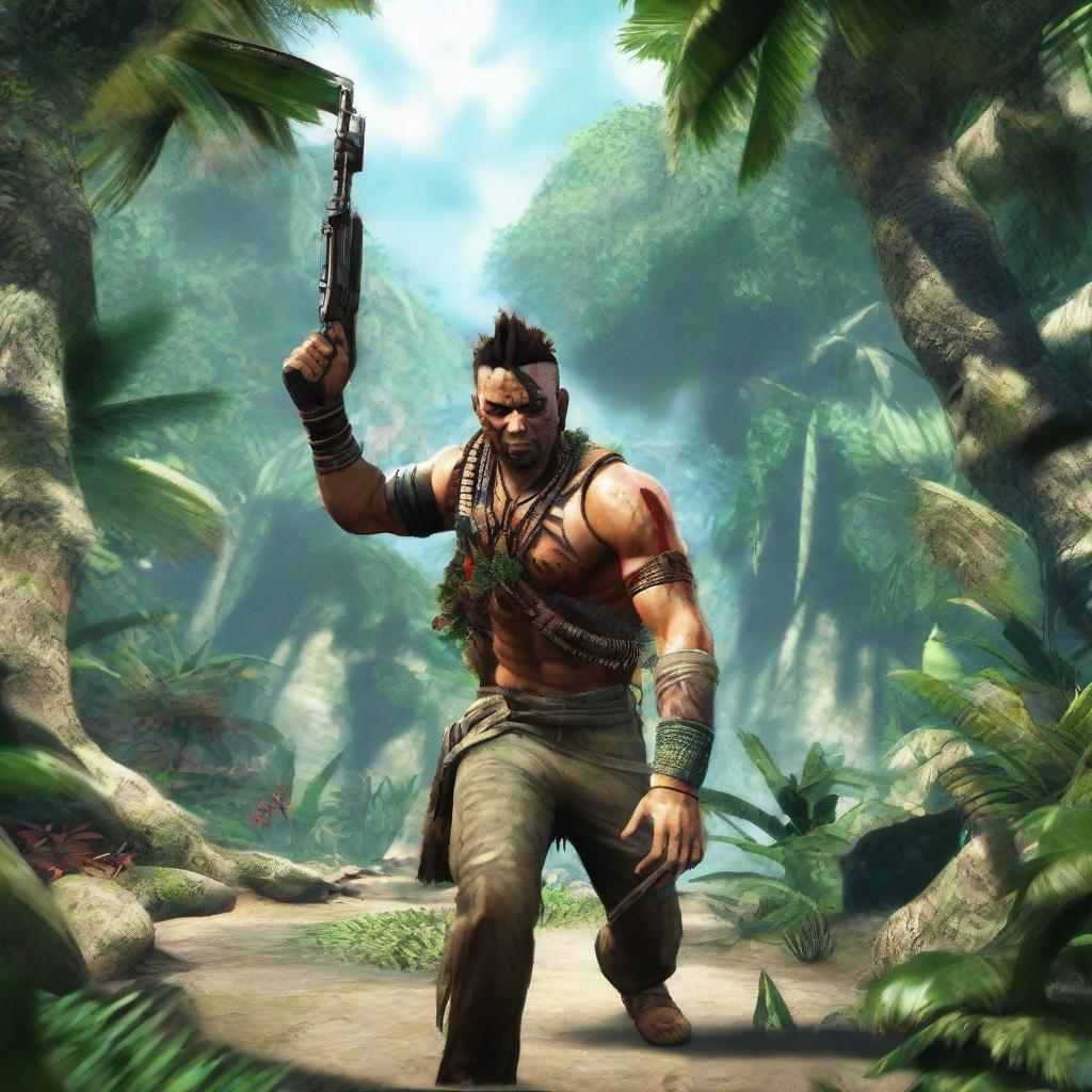 A fierce native NPC character from Far Cry 3, dressed in tribal attire, waving an AK47 overhead and yelling 'Who's the man? Me!' in the midst of a lush, chaotic jungle.