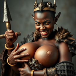 In a striking and imaginative scene, a 20-year-old short, malnourished African woman stands out with her deep black skin and demonic yellow-red eyes, expressing fierce anger