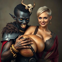 In a striking and imaginative scene, a 20-year-old short, malnourished African woman stands out with her deep black skin and demonic yellow-red eyes, expressing fierce anger