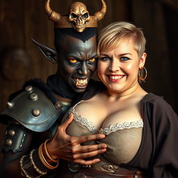 In a striking and imaginative scene, a 20-year-old short, malnourished African woman stands out with her deep black skin and demonic yellow-red eyes, expressing fierce anger