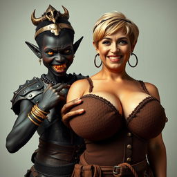 In a striking and imaginative scene, a 20-year-old short, malnourished African woman stands out with her deep black skin and demonic yellow-red eyes, expressing fierce anger