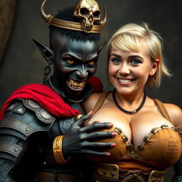 In a vivid and imaginative scene, a 20-year-old short, malnourished African woman stands boldly with her deep black skin and demonic yellow-red eyes, radiating intensity and anger