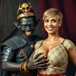 In a vivid and imaginative scene, a 20-year-old short, malnourished African woman stands boldly with her deep black skin and demonic yellow-red eyes, radiating intensity and anger