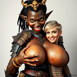 In a vivid and imaginative scene, a 20-year-old short, malnourished African woman stands boldly with her deep black skin and demonic yellow-red eyes, radiating intensity and anger