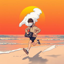 A lo-fi anime style illustration of a teenage boy figure wearing a hoodie, with a thick cloud of white smoke emitting from the top of the hoodie, completely covering his face