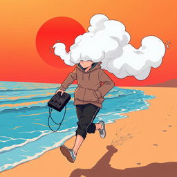A lo-fi anime style illustration of a teenage boy figure wearing a hoodie, with a thick cloud of white smoke emitting from the top of the hoodie, completely covering his face