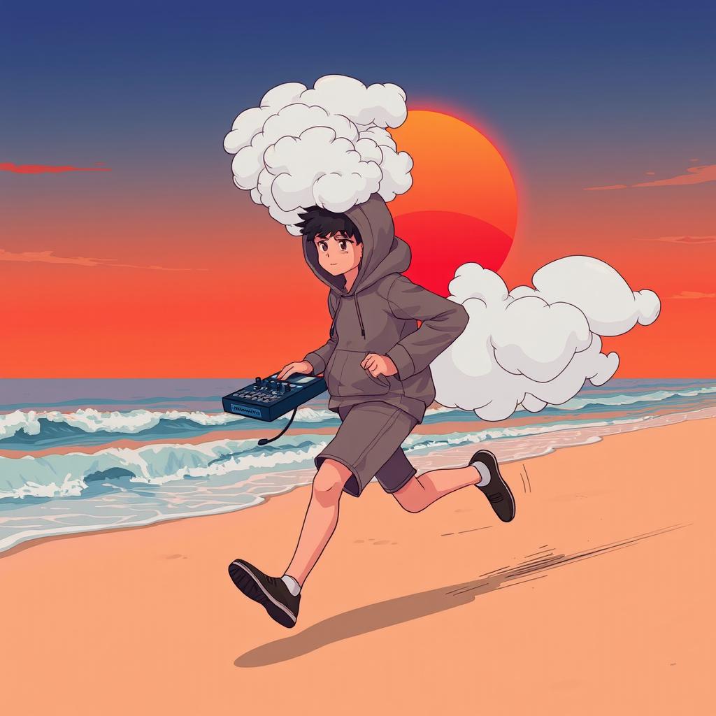A lo-fi anime style illustration of a teenage boy figure wearing a hoodie, with a thick cloud of white smoke emitting from the top of the hoodie, completely covering his face