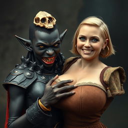 In a captivating and dramatic scene, a 20-year-old short, malnourished African woman stands with her strikingly deep black skin and demonic yellow-red eyes, conveying intense anger