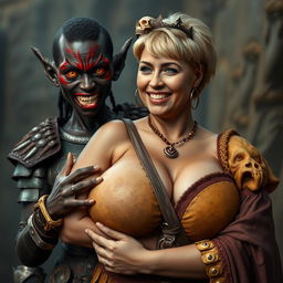 In a captivating and dramatic scene, a 20-year-old short, malnourished African woman stands with her strikingly deep black skin and demonic yellow-red eyes, conveying intense anger