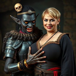 In a captivating and dramatic scene, a 20-year-old short, malnourished African woman stands with her strikingly deep black skin and demonic yellow-red eyes, conveying intense anger