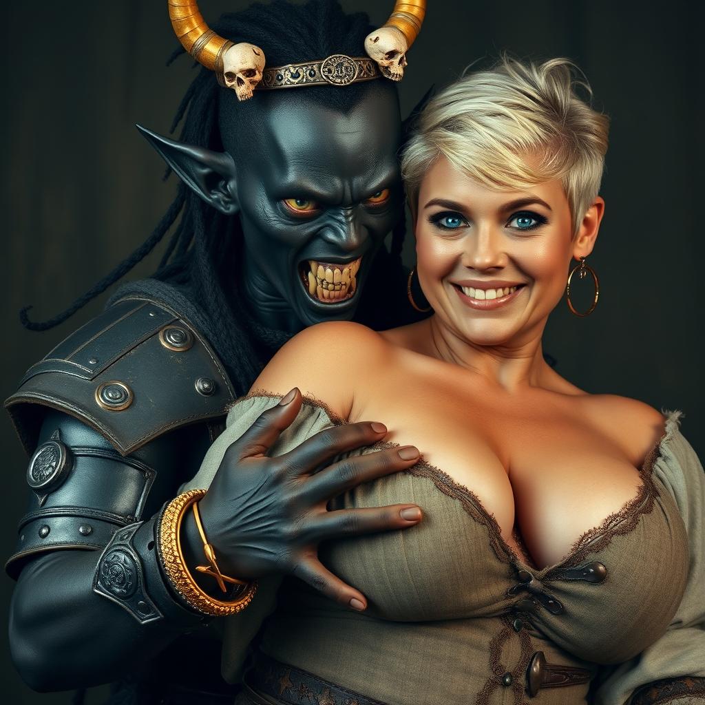 In a dramatic and unique scene, a 19-year-old short, malnourished African woman stands with her strikingly deep black skin and a demonic expression, filled with anger