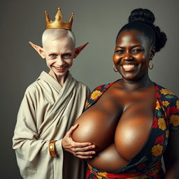 In a striking and surreal scene, a 19-year-old short, malnourished blonde woman stands with piercing blue eyes, wearing a long, closed Buddhist robe that contrasts sharply with her menacing smile and angry expression