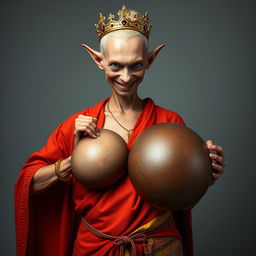 In a striking and surreal scene, a 19-year-old short, malnourished blonde woman stands with piercing blue eyes, wearing a long, closed Buddhist robe that contrasts sharply with her menacing smile and angry expression