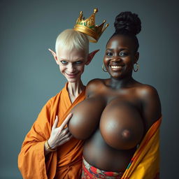 In a striking and surreal scene, a 19-year-old short, malnourished blonde woman stands with piercing blue eyes, wearing a long, closed Buddhist robe that contrasts sharply with her menacing smile and angry expression