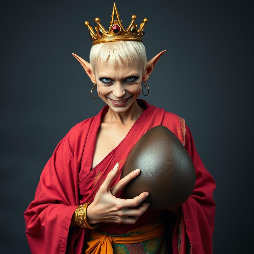 In a striking and surreal scene, a 19-year-old short, malnourished blonde woman stands with piercing blue eyes, wearing a long, closed Buddhist robe that contrasts sharply with her menacing smile and angry expression