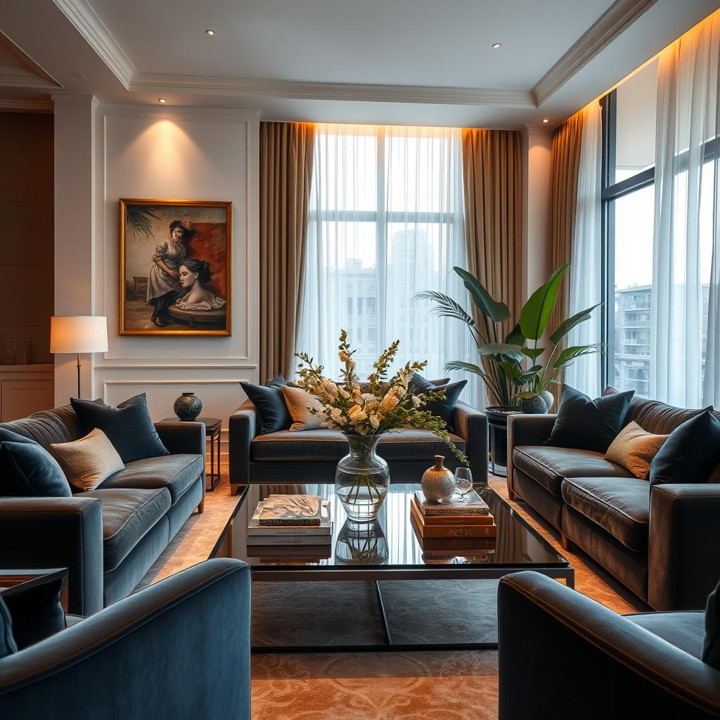 An elegant interior decor scene featuring a luxurious living room