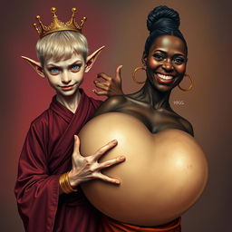 In a vivid and surreal composition, a short, malnourished 19-year-old blonde woman stands with piercing blue eyes