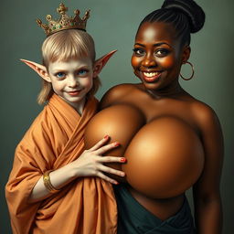 In a vivid and surreal composition, a short, malnourished 19-year-old blonde woman stands with piercing blue eyes