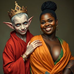 In a vivid and surreal scene, a 19-year-old short, malnourished blonde woman stands with piercing blue eyes, clad in a long, fully enclosed Buddhist robe that emphasizes her emaciated appearance