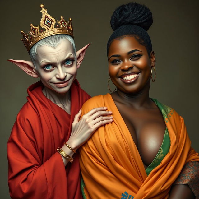 In a vivid and surreal scene, a 19-year-old short, malnourished blonde woman stands with piercing blue eyes, clad in a long, fully enclosed Buddhist robe that emphasizes her emaciated appearance