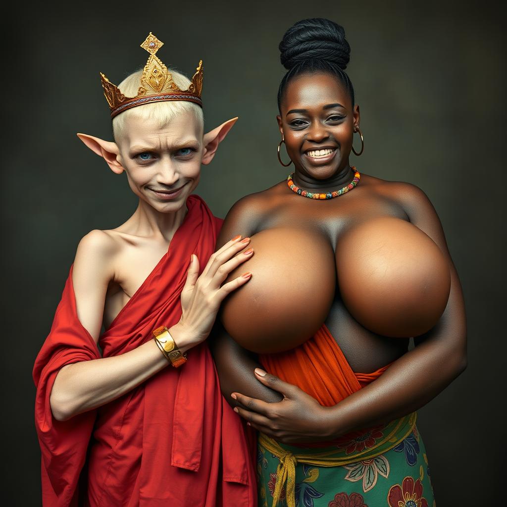 In a vivid and surreal scene, a 19-year-old short, malnourished blonde woman stands with piercing blue eyes, clad in a long, fully enclosed Buddhist robe that emphasizes her emaciated appearance