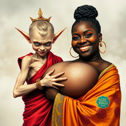 In a vivid and surreal scene, a 19-year-old short, malnourished blonde woman stands with piercing blue eyes, clad in a long, fully enclosed Buddhist robe that emphasizes her emaciated appearance