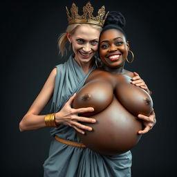 In this striking and surreal depiction, a short and malnourished 19-year-old blonde woman stands with piercing blue eyes