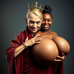 In this striking and surreal depiction, a short and malnourished 19-year-old blonde woman stands with piercing blue eyes