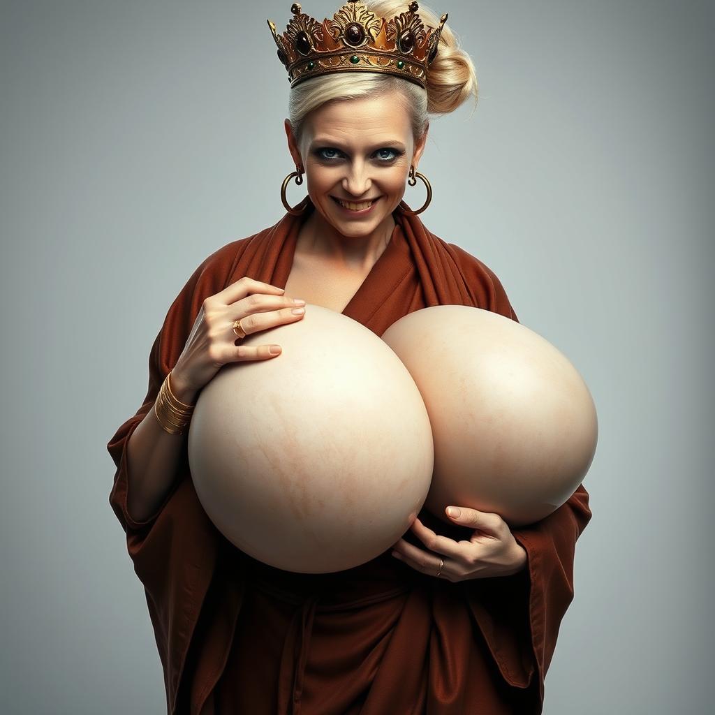 In this striking and surreal depiction, a short and malnourished 19-year-old blonde woman stands with piercing blue eyes