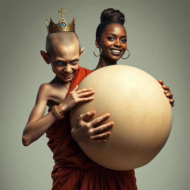 In this striking and surreal depiction, a short and malnourished 19-year-old blonde woman stands with piercing blue eyes