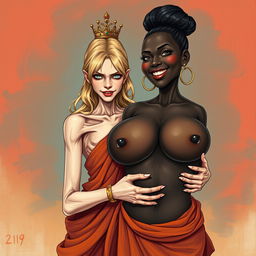 In a striking and surreal illustration, a young, malnourished blonde woman, aged 19, stands at a low height with intense blue eyes