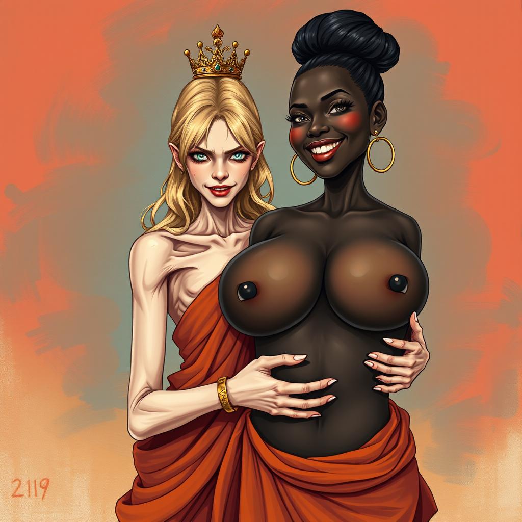 In a striking and surreal illustration, a young, malnourished blonde woman, aged 19, stands at a low height with intense blue eyes