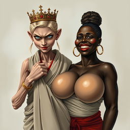 In a striking and surreal illustration, a young, malnourished blonde woman, aged 19, stands at a low height with intense blue eyes