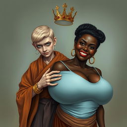 In a striking and surreal illustration, a young, malnourished blonde woman, aged 19, stands at a low height with intense blue eyes