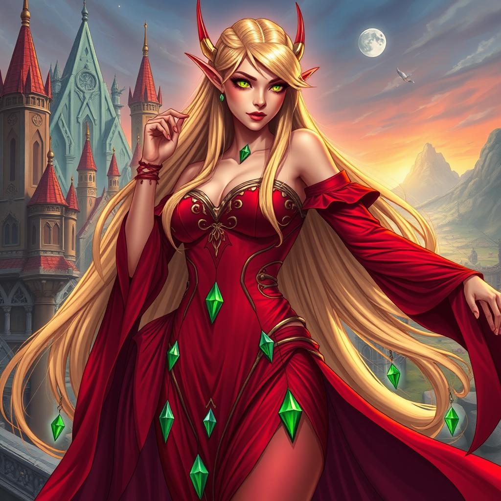 A full body depiction of a Blood Elf from World of Warcraft in an alluring pose, dressed in an elegant Sin'dorei dress that is red and reaches to the thighs, adorned with a few decorative green crystals