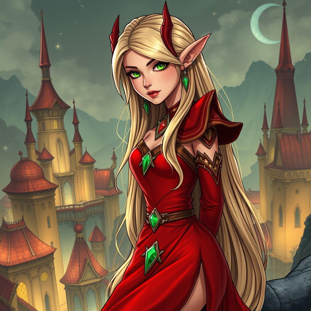 A full body image of a small and highly detailed Blood Elf from World of Warcraft, posed alluringly