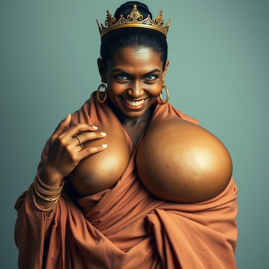 In an incredibly detailed and surreal portrayal, a 19-year-old young woman, characterized by her short stature and severe malnourishment, appears with striking blue eyes