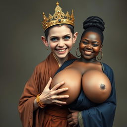 In an incredibly detailed and surreal portrayal, a 19-year-old young woman, characterized by her short stature and severe malnourishment, appears with striking blue eyes