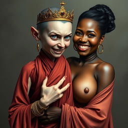 In an incredibly detailed and surreal portrayal, a 19-year-old young woman, characterized by her short stature and severe malnourishment, appears with striking blue eyes