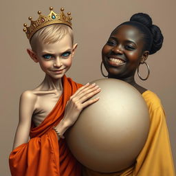 In a captivating and surreal scene, a young malnourished blonde woman, aged 19 and notably short in stature, stands with bright blue eyes