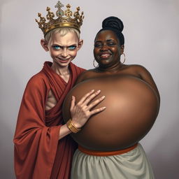 In a captivating and surreal scene, a young malnourished blonde woman, aged 19 and notably short in stature, stands with bright blue eyes