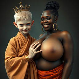 In a captivating and surreal scene, a young malnourished blonde woman, aged 19 and notably short in stature, stands with bright blue eyes