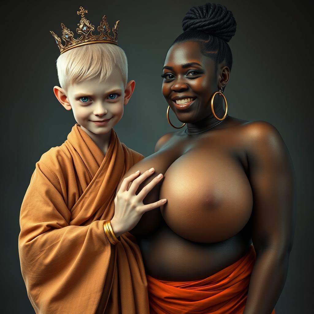 In a captivating and surreal scene, a young malnourished blonde woman, aged 19 and notably short in stature, stands with bright blue eyes