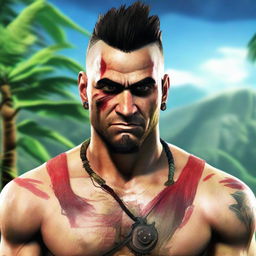 Vaas Montenegro from Far Cry 3 standing imposingly. His distinctive Mohawk hairstyle and war paint visible as he smirks menacingly.