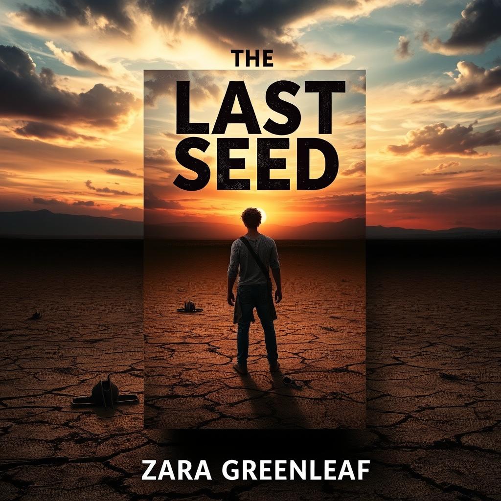 A captivating book cover design for 'The Last Seed' by Zara Greenleaf, featuring a lone figure standing in a vast, desolate wasteland