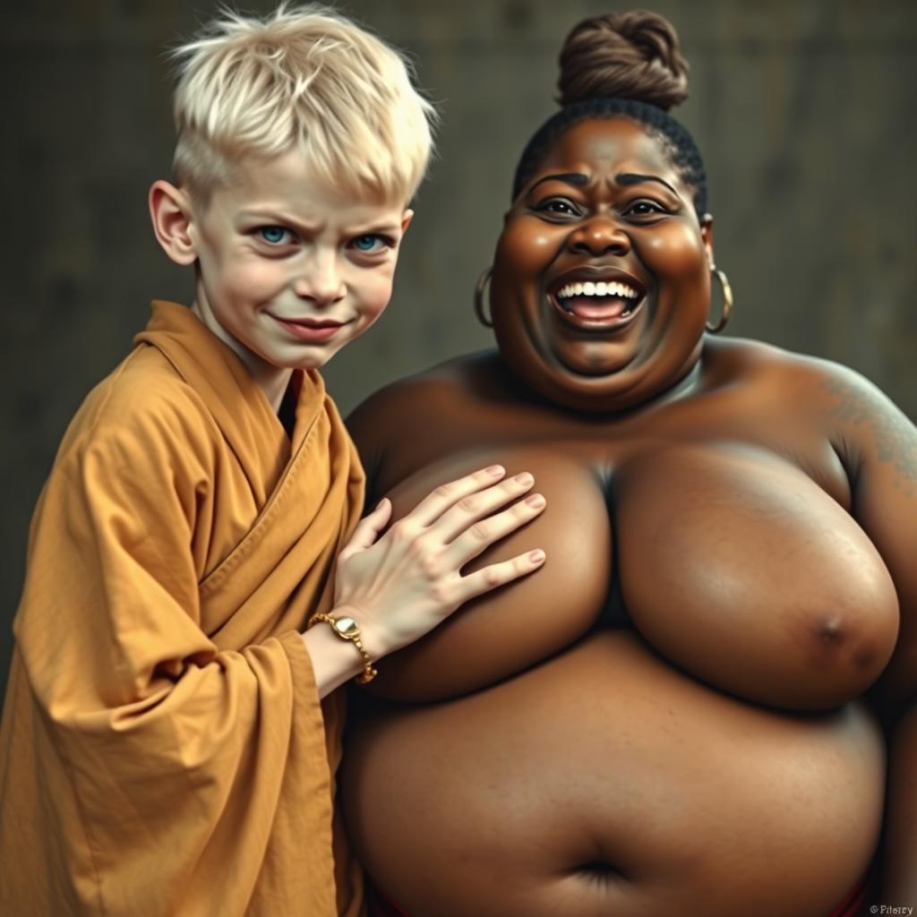 A young, short, malnourished blonde woman, 19 years old, with blue eyes, wearing a long, fully closed Buddhist robe